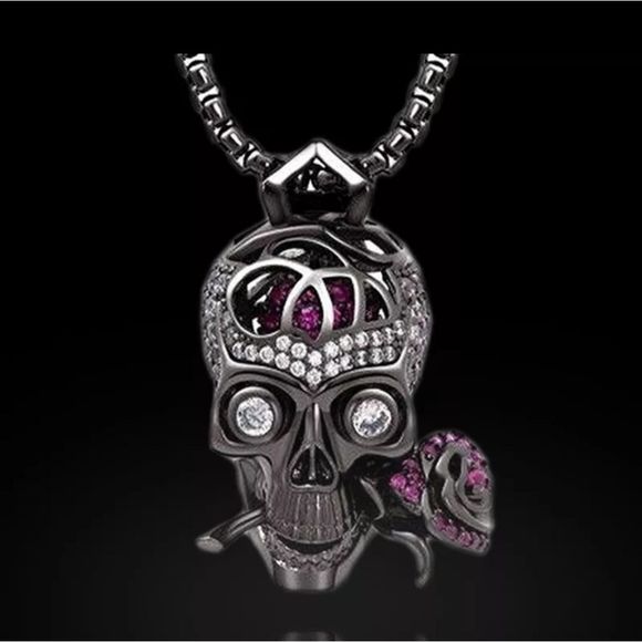 Black titanium and purple crystal skull rose goth punk pendant necklace new - Picture 1 of 6